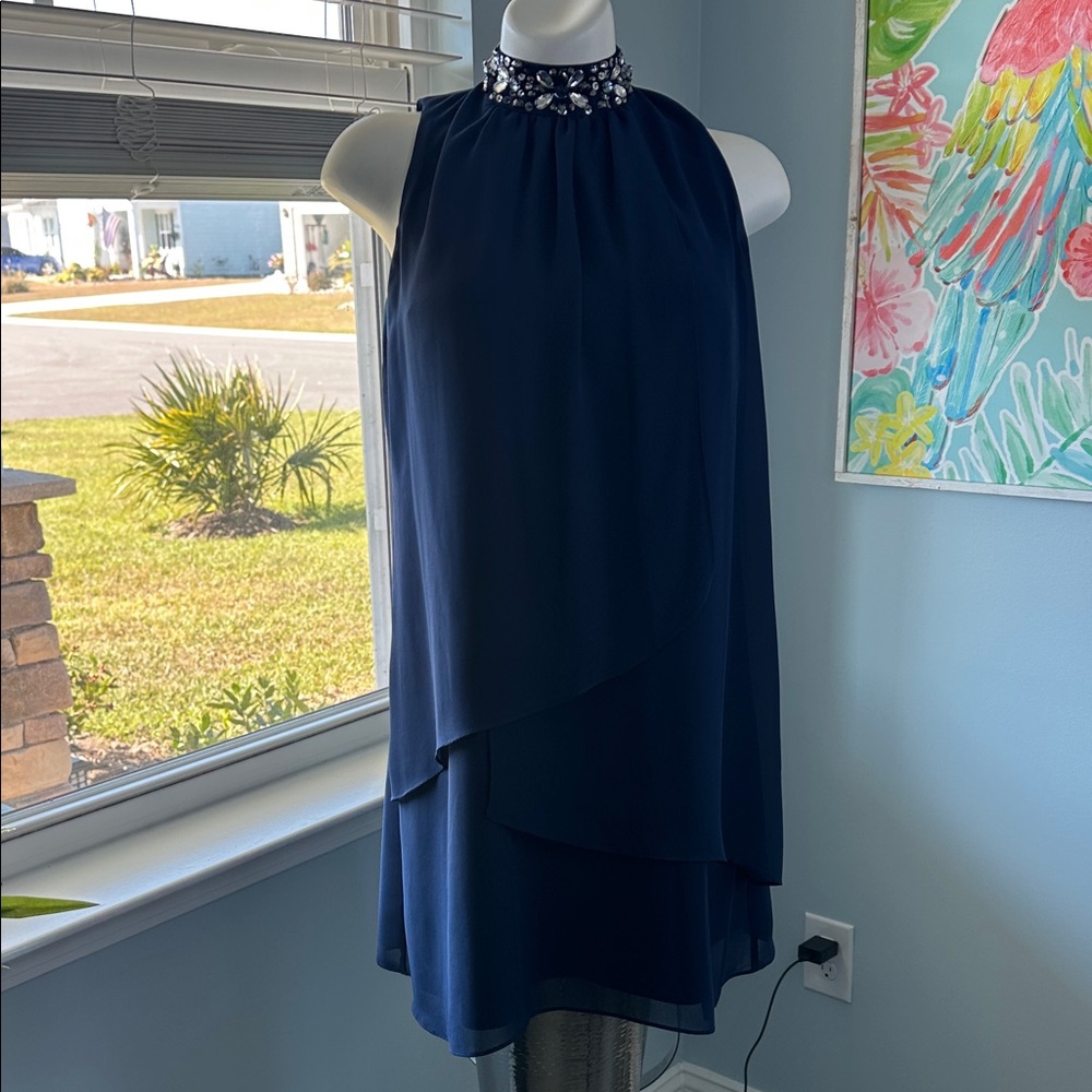 Elegant Navy Blue Layered Dress with Embellished Neckline